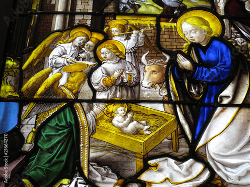 The Nativity on a medieval 16th century stained glass window