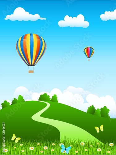 Landschaftsbild mit Heißluftballons