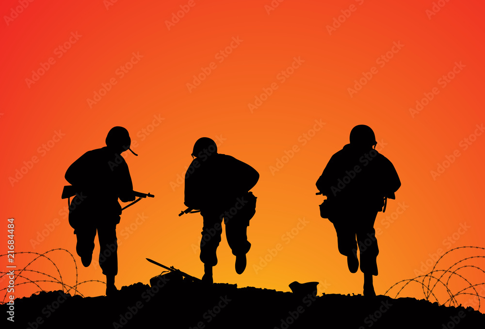 Obraz premium Silhouette of three soldiers on the battlefield