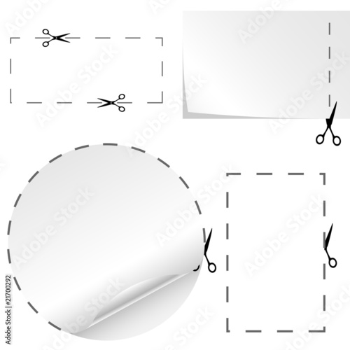 Vector set of cutoff paper coupons with scissors sign.