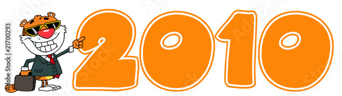 Cartoon Character Happy Tiger Pointing Orange 2010 Year