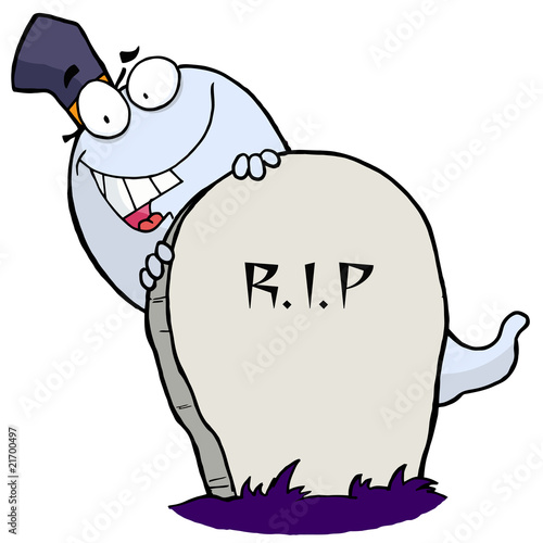 Cartoon character happy ghost behind the tombstone