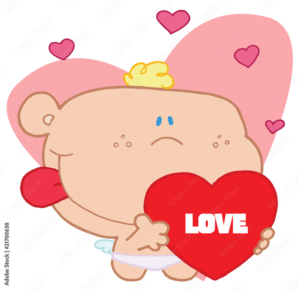 Romantic cupid with valentine hearts holding red love heart