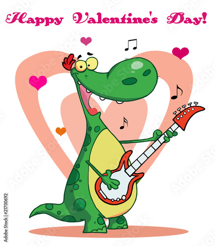 Smiling dinosaur plays guitar with heart background © HitToon.com