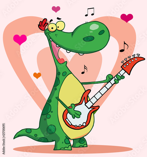 Happy dinosaur plays guitar with heart background © HitToon.com