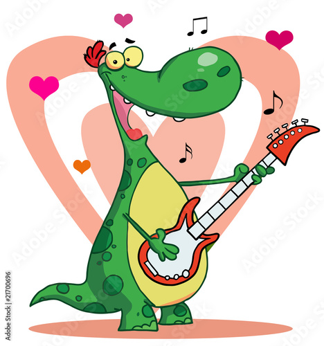 Dinosaur plays guitar with heart background