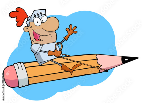 Hispanic Freelancer Knight Man Riding On A Giant Pencil