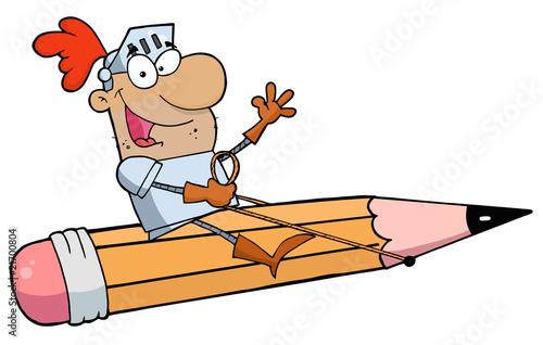 Hispanic Freelancer Knight Man Riding A Giant Pencil