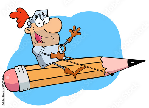 Freelancer Knight Man Riding On A Giant Pencil Over Blue
