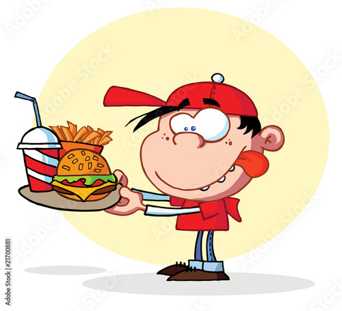 Hungry Boy Staring At Plate of fast food
