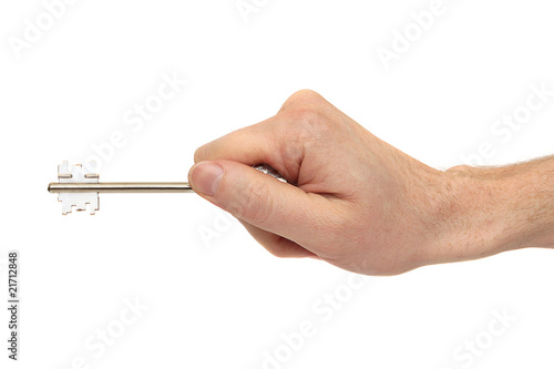 Key in a hand on white background