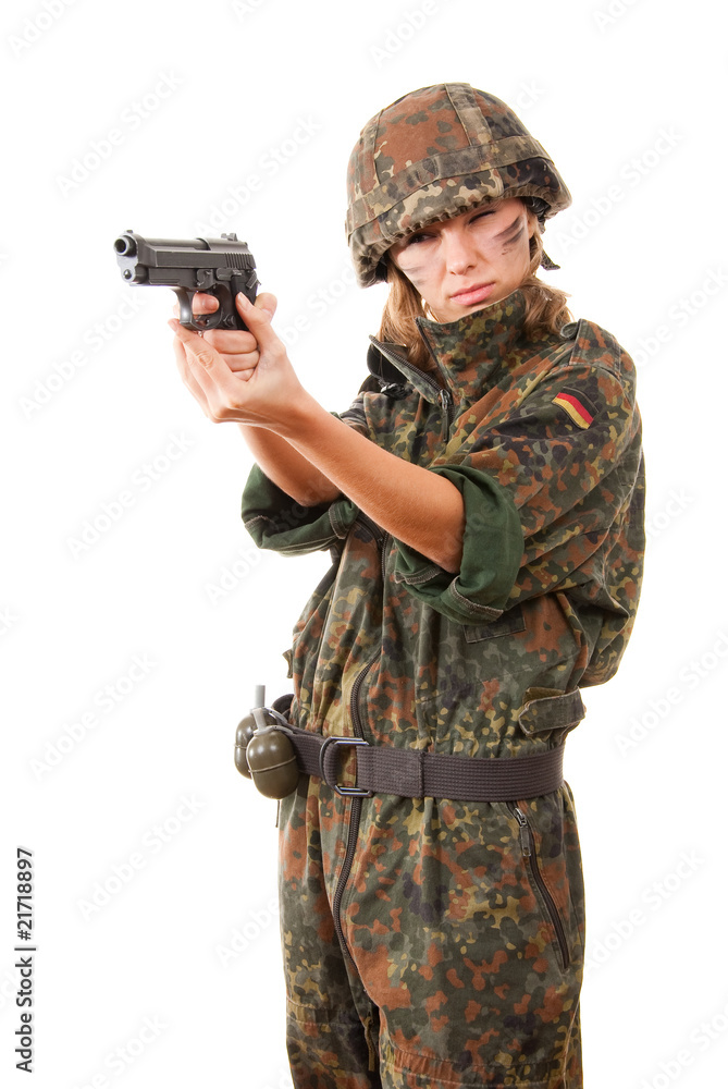 Military woman aiming Military woman aiming