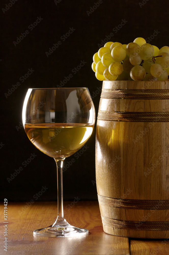 White wine, grape and barrel