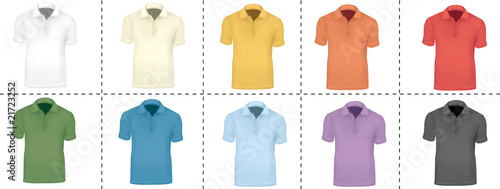 Vector illustration. Colorful collection of ten polo shirts.