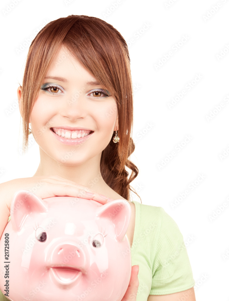 lovely teenage girl with piggy bank lovely teenage girl with piggy bank