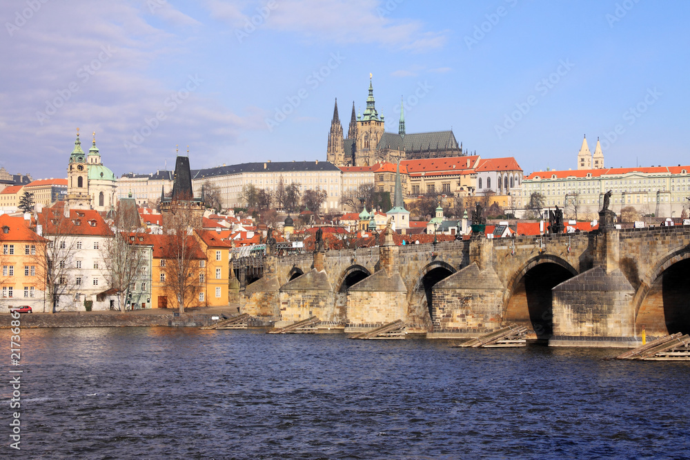 Spring Prague's gothic Castle with the Charles Bridge