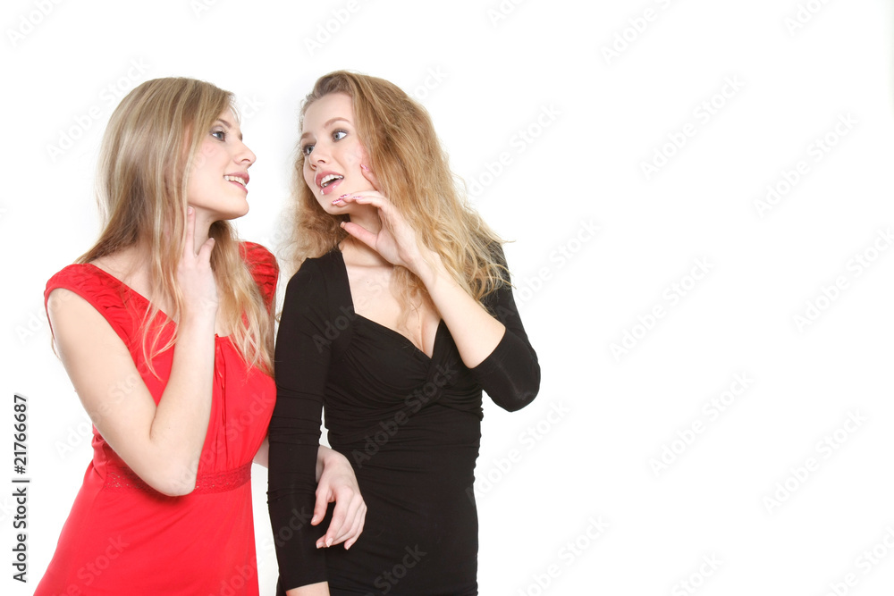 two beautiful girls talking over white two beautiful girls talking over white