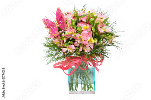 colourful flowers bouquet water vase on white background