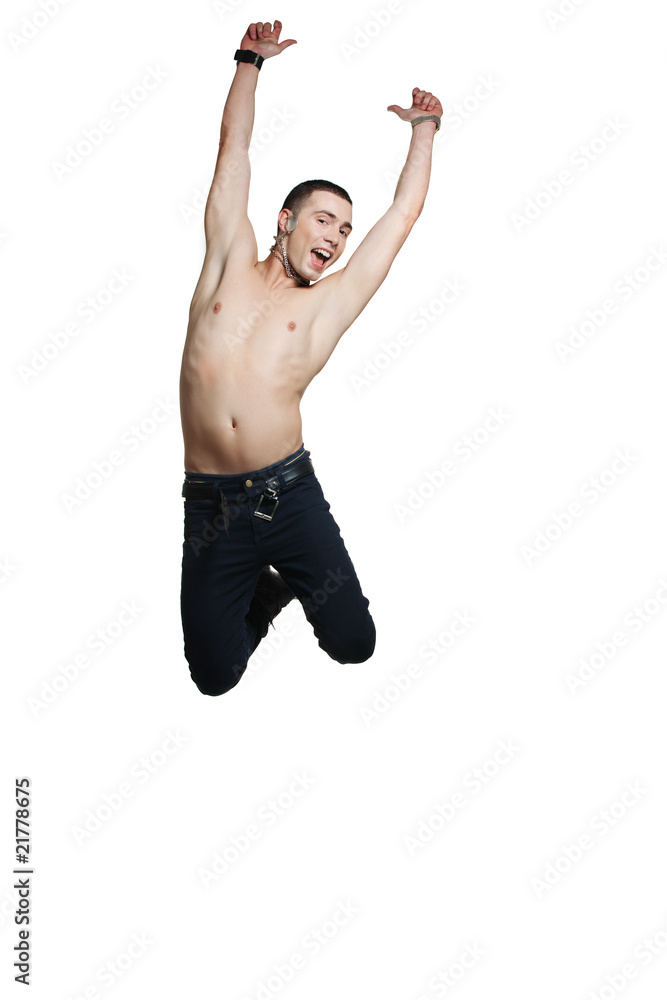 young bare chested dancer in a jump young bare chested dancer in a jump
