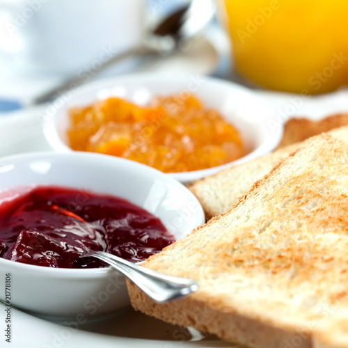 Close up of toasts and fruit jam