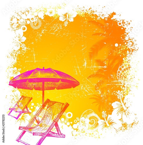 Beach chair and umbrella on a tropical background