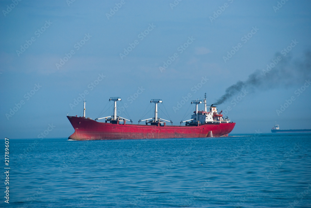 The industrial vessel - the dry-cargo ship goes to port