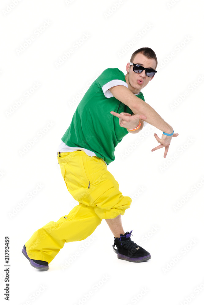 Male breakdancer dancing, isolated on white