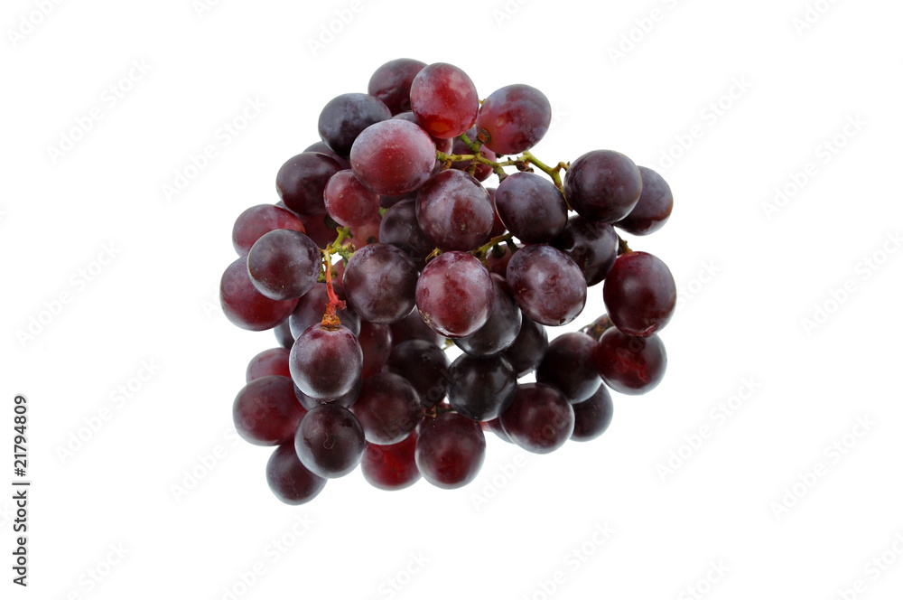 Red grapes on mirror, isolate white background Red grapes on mirror, isolate white background