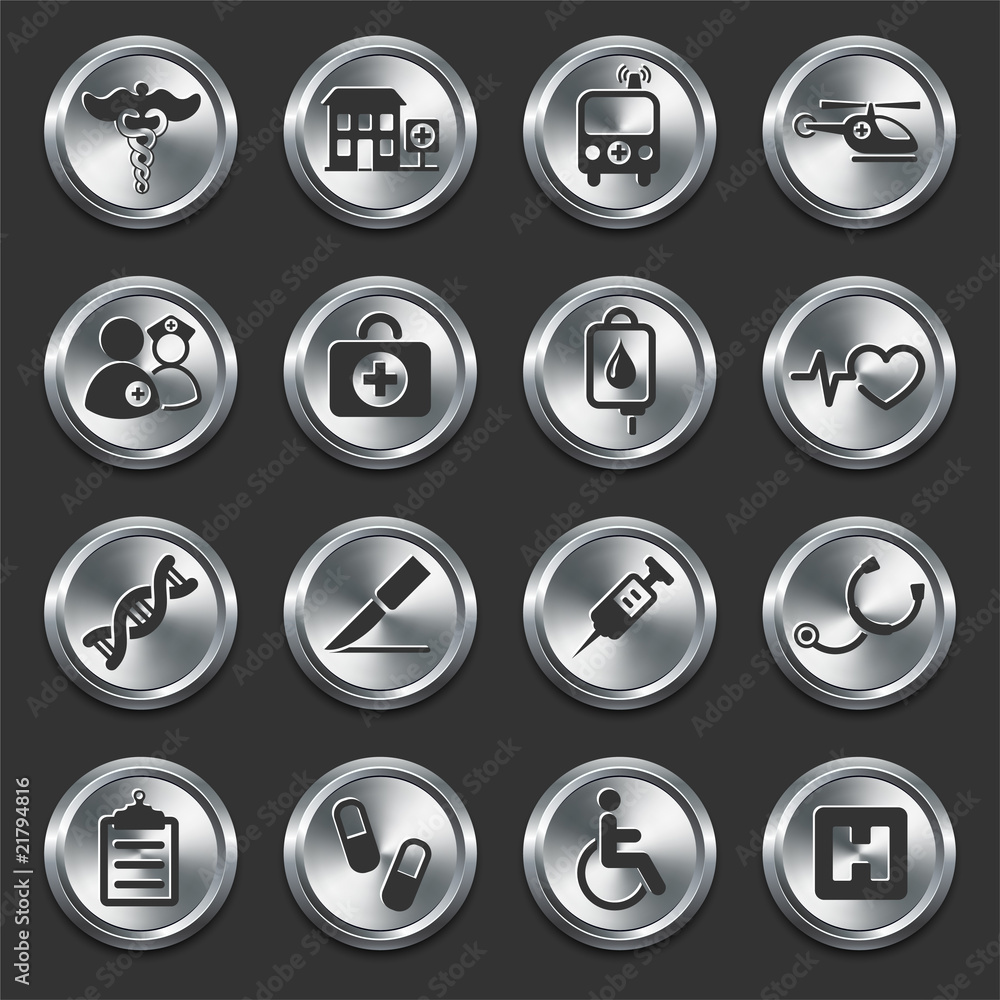 Hospital Icons on Metal Internet Buttons Hospital Icons on Metal Internet Buttons