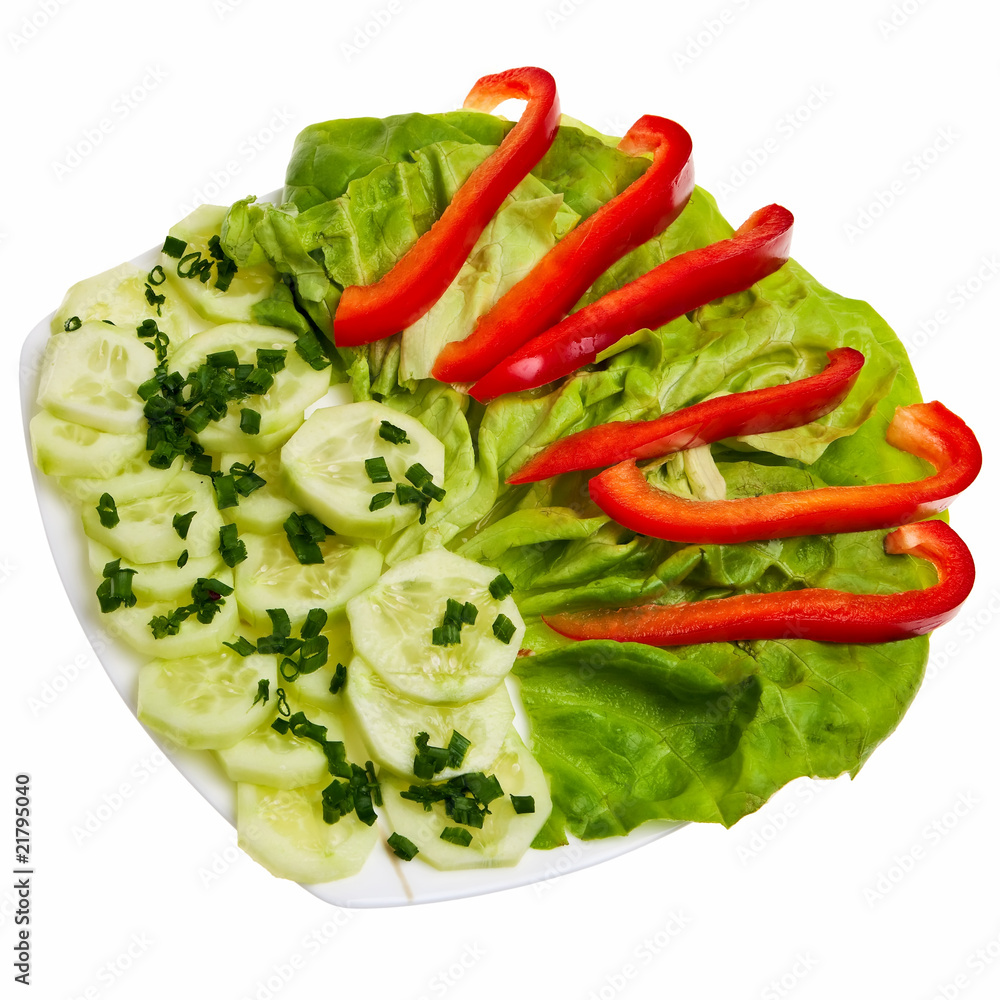 Cucumber slices with chive, lettuce and pepper. Cucumber slices with chive, lettuce and pepper.