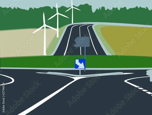 rond point, route et éoliennes