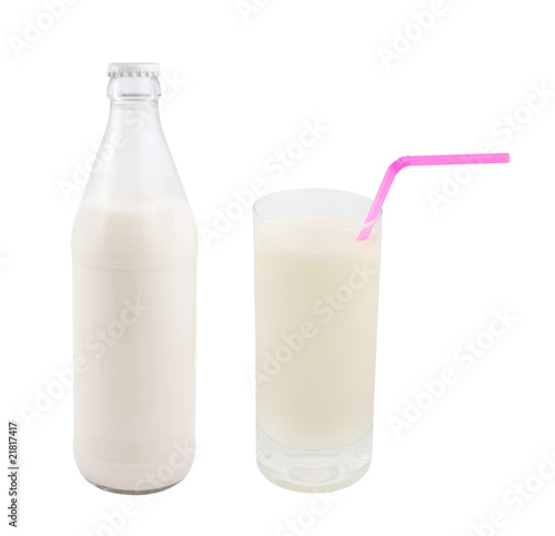 Bottle and glass of milk with pink straw isolated on white