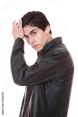 A handsome man in a leather jacket