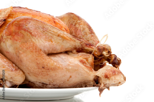 Whole roast turkey on white background