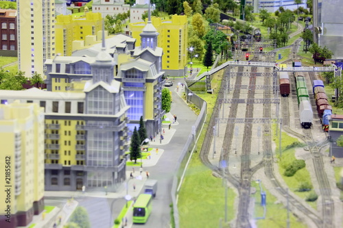 model of railroad station. railroad, trains, buildings and other
