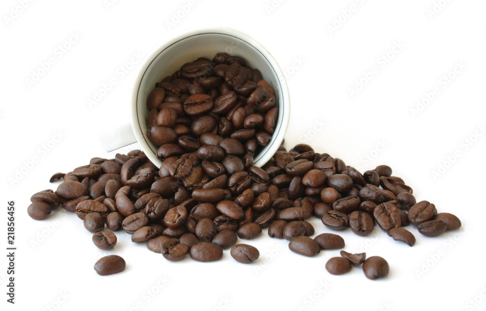 Cup with coffee beans on white background