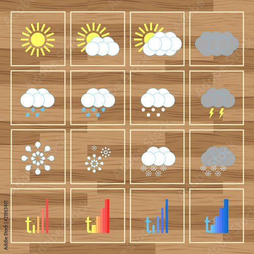Weather icons vector background on wooden texture