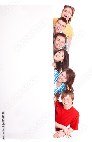 Groupof happy  people with banner. Isolated. photo