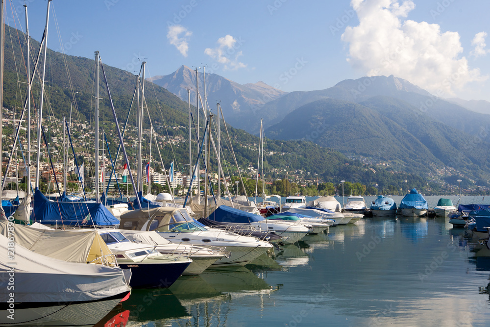 Yachts Locarno wharf at lake Maggiore, Switzerland