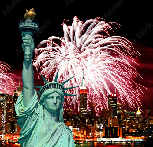 The Statue of Liberty and holiday fireworks