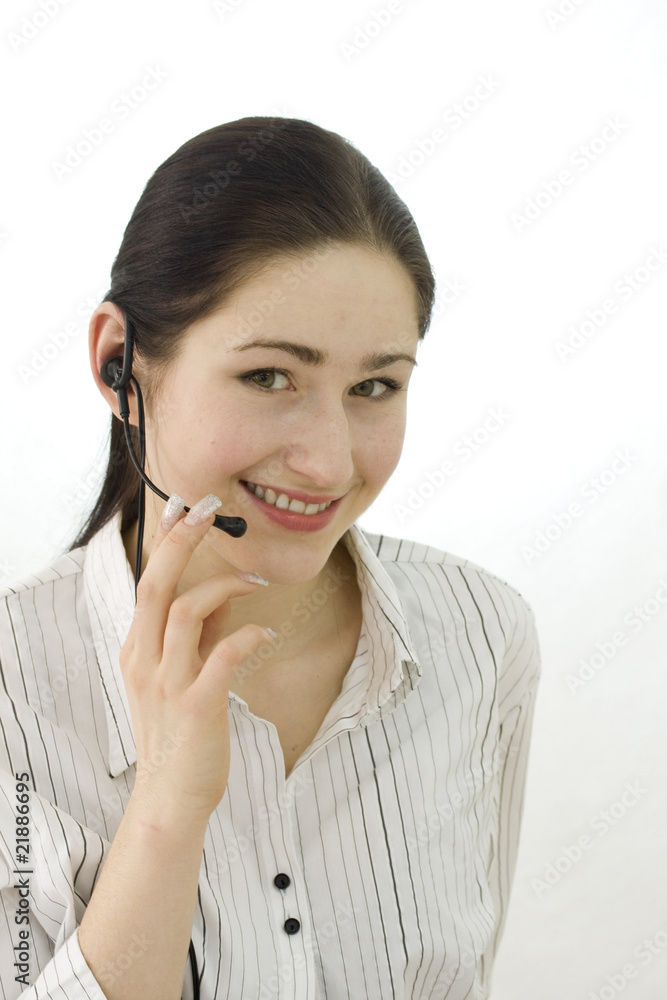 Young business woman operator with headset isolated on white ba Young business woman operator with headset isolated on white ba