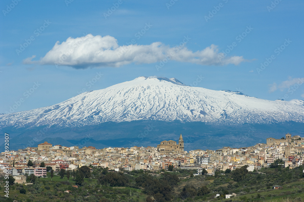 View Of Sicilian Village and Volcano Etna