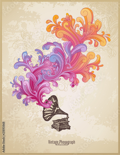 retro music composition with phonograph and colorful swirls
