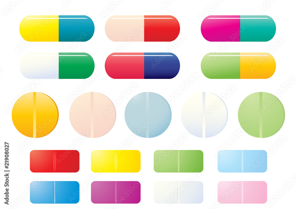 Collection of colorful pills on a white background Collection of colorful pills on a white background