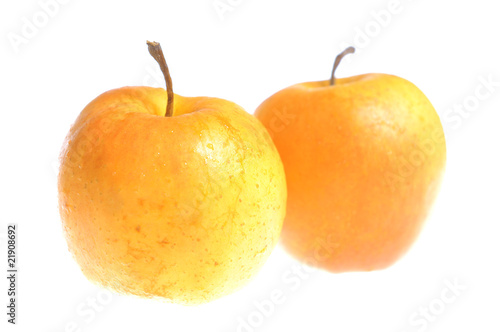 Two bright golden apples isolated on white background