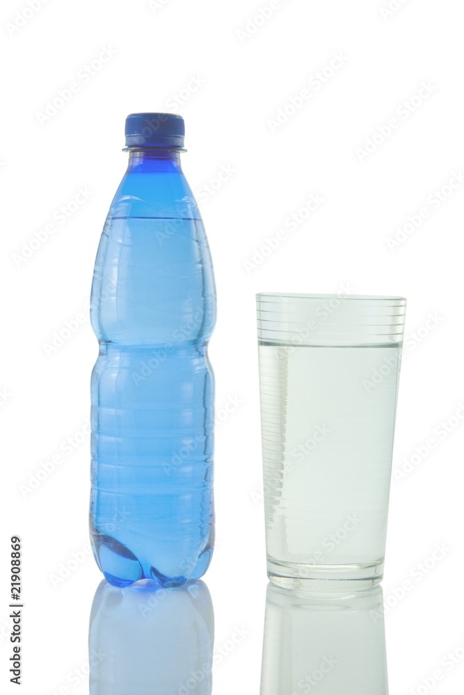 Bottle and glass of mineral water reflected on white background Bottle and glass of mineral water reflected on white background