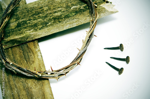 crown of thorns, cross and nails photo