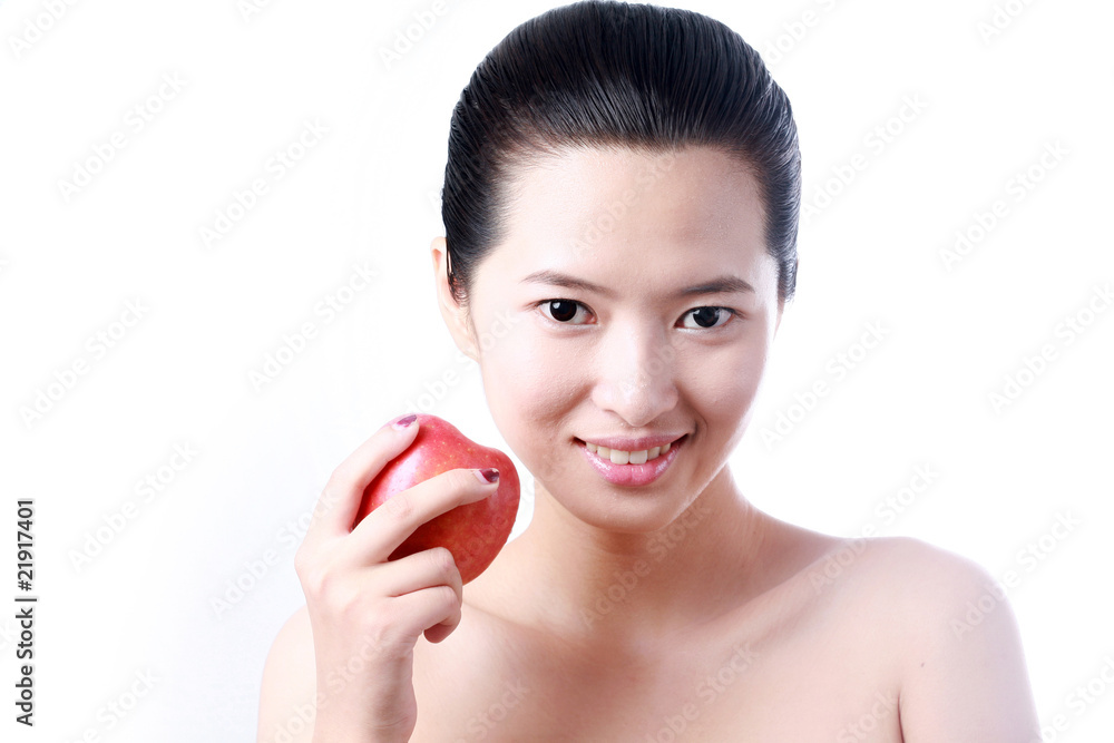 Close-up portrait of sexy asian young woman holding one apple Close-up portrait of sexy asian young woman holding one apple