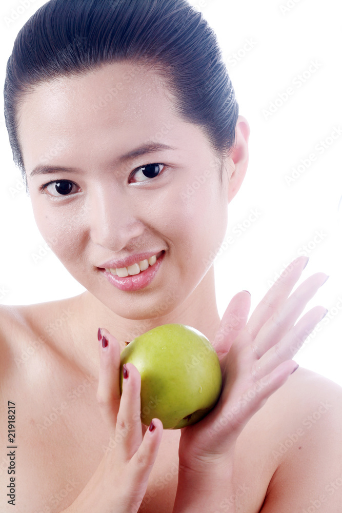 Close-up portrait of sexy asian young woman holding one apple Close-up portrait of sexy asian young woman holding one apple