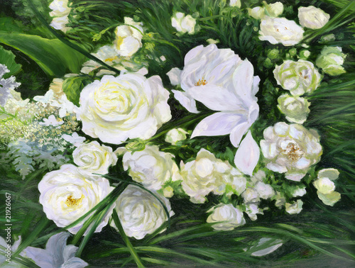 White roses on a green background